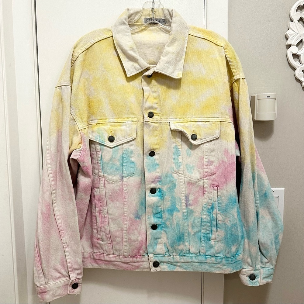 Carmar Oversize Tie Dye Pastel Rainbow Denim Jean Jacket Women’s M pink yellow